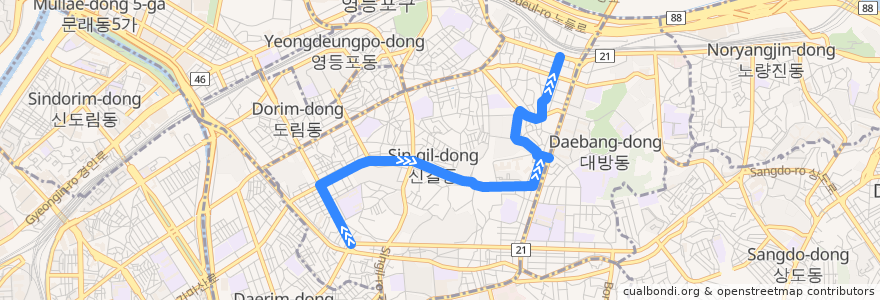 Mapa del recorrido 영등포07 de la línea  en 영등포구.