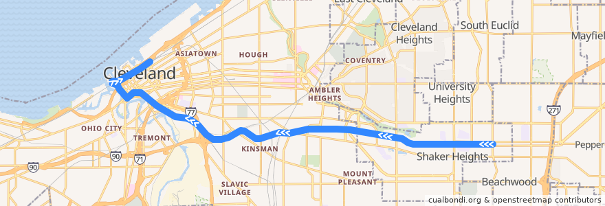 Mapa del recorrido RTA Green Line: Green Road → South Harbor de la línea  en Cuyahoga County.