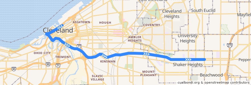 Mapa del recorrido RTA Green Line: South Harbor → Green Road de la línea  en Cuyahoga County.