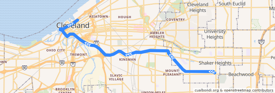 Mapa del recorrido RTA Blue Line: Warrensville–Van Aken → South Harbor de la línea  en Cuyahoga County.