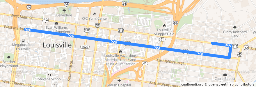 Mapa del recorrido 77 - Main - Market Circulator Eastbound (ZeroBus) de la línea  en Louisville.