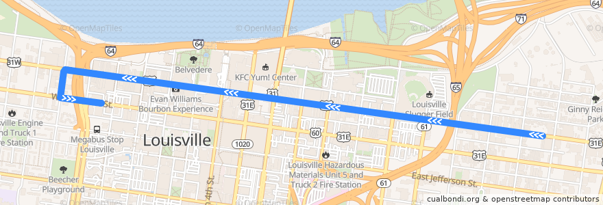 Mapa del recorrido 77 - Main - Market Circulator Westbound (ZeroBus) de la línea  en Louisville.