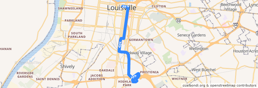 Mapa del recorrido 2 Second Street Southbound de la línea  en Louisville.