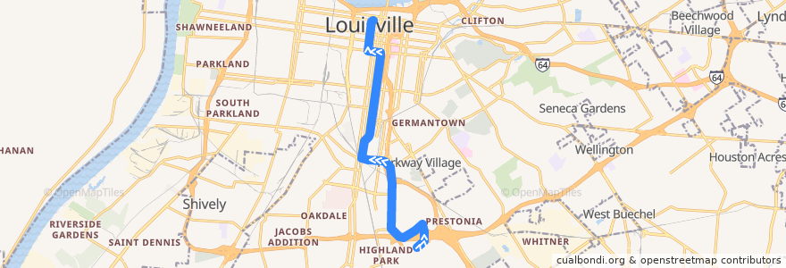Mapa del recorrido 2 Second Street Northbound de la línea  en Louisville.