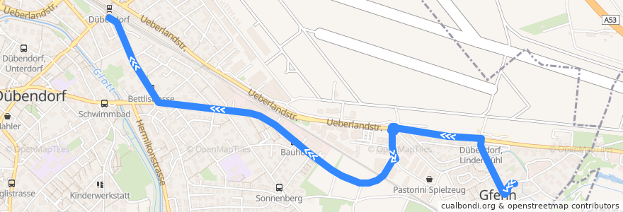 Mapa del recorrido Bus 756: Dübendorf, Gfenn -> Dübendorf, Bahnhof de la línea  en Dübendorf.