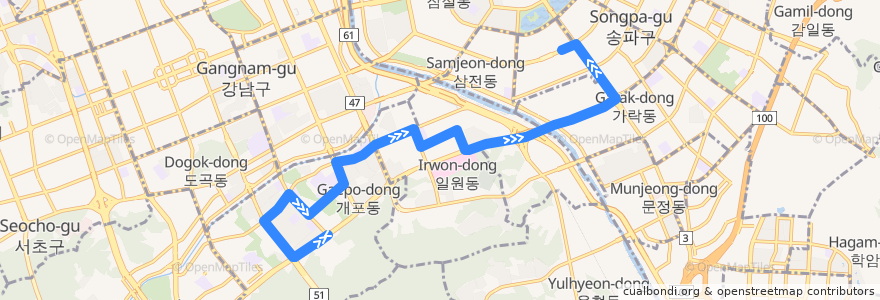 Mapa del recorrido 강남05 (석촌역 방면) de la línea  en 서울특별시.