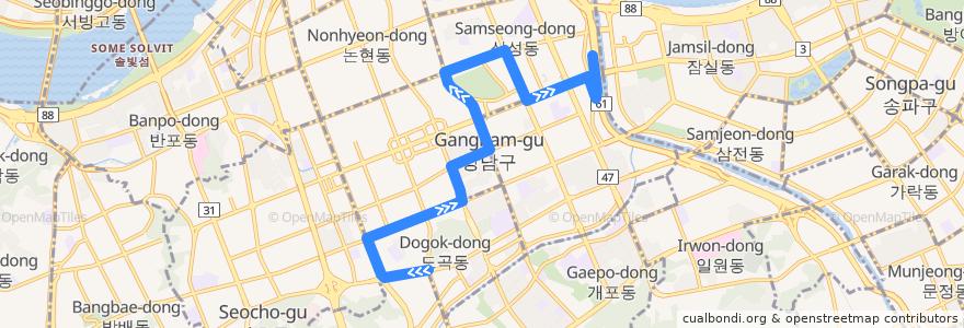 Mapa del recorrido 강남07 (서울의료원(삼성역) 방면) de la línea  en Seul.