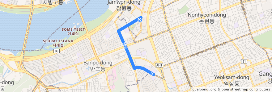 Mapa del recorrido 서초01 de la línea  en 서초구.