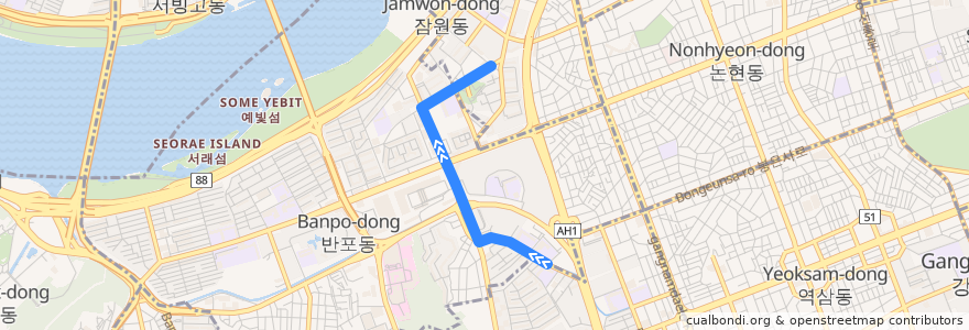 Mapa del recorrido 서초01 de la línea  en 瑞草区.