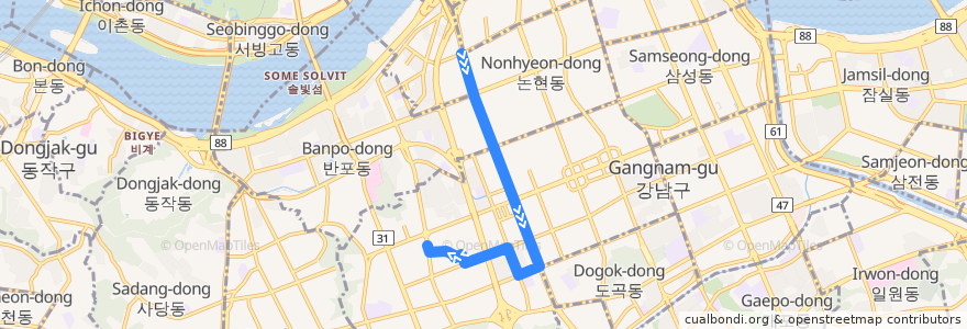 Mapa del recorrido 서초03 de la línea  en 서초구.