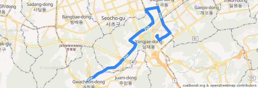 Mapa del recorrido 서초18 (양재근린공원 행) de la línea  en Seul.