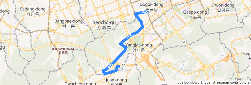 Mapa del recorrido 서초18-1 (서초보금자리5단지 행) de la línea  en 서울.