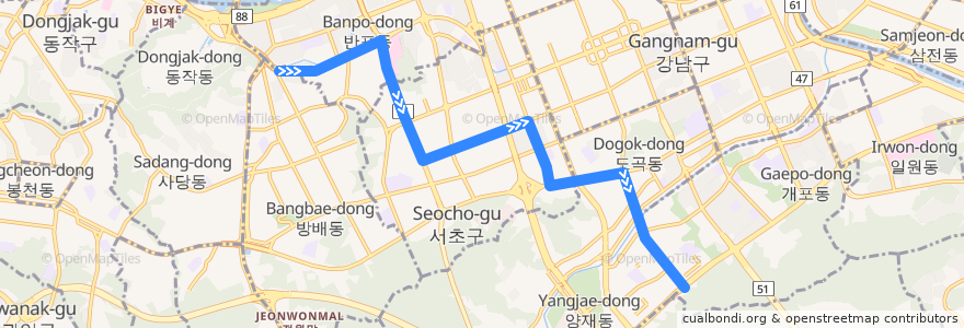 Mapa del recorrido 서초21 (양재IC 방면) de la línea  en Seoul.