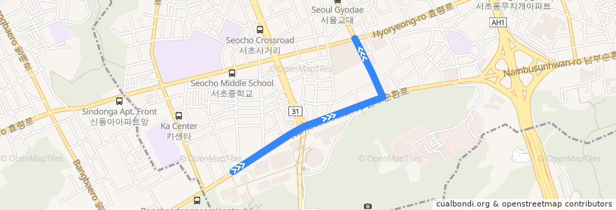 Mapa del recorrido 서초22 (국립국악원 방면) de la línea  en Seocho-gu.