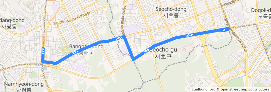 Mapa del recorrido 서초17 (사당역 방면) de la línea  en Seocho-gu.