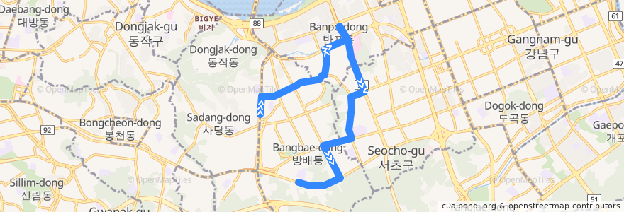 Mapa del recorrido 서초13 (동덕여고 방면) de la línea  en 서초구.