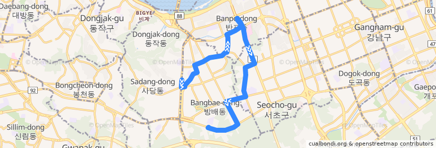 Mapa del recorrido 서초13 (이수역 방면) de la línea  en 서초구.