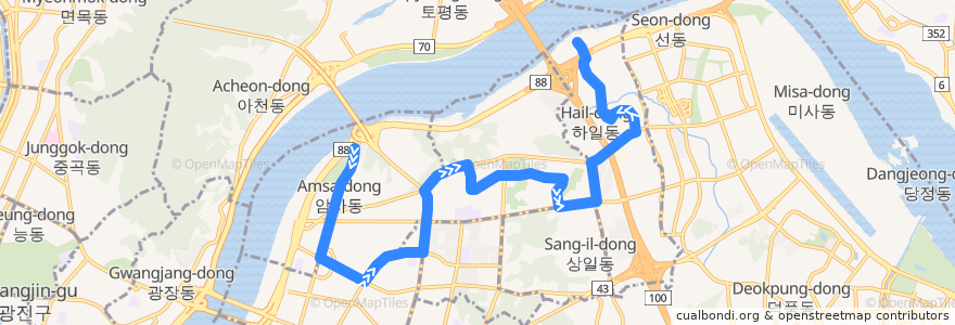 Mapa del recorrido 강동02 de la línea  en 강동구.