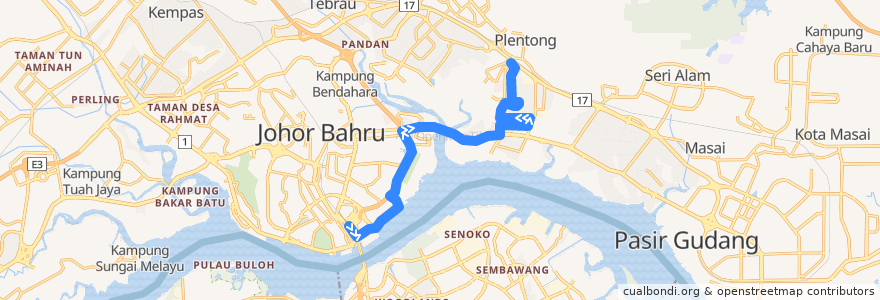 Mapa del recorrido Svc 23 ( Permas Jaya Bus Terminal ↔ JB Sentral Bus Terminal ) de la línea  en Johor Bahru.