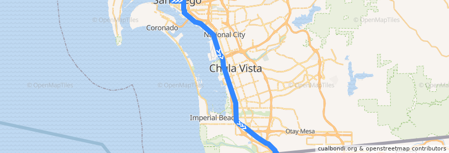 Mapa del recorrido UC San Diego Blue Line: America Plaza => San Ysidro Transit Center de la línea  en San Diego County.