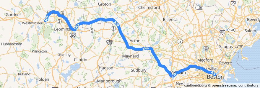 Mapa del recorrido MBTA Fitchburg Line: Wachusett => Boston North de la línea  en ماساتشوستس.