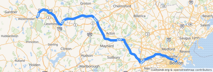 Mapa del recorrido MBTA Fitchburg Line: Wachusett => Boston North de la línea  en 马萨诸塞州 / 麻薩諸塞州 / 麻省.