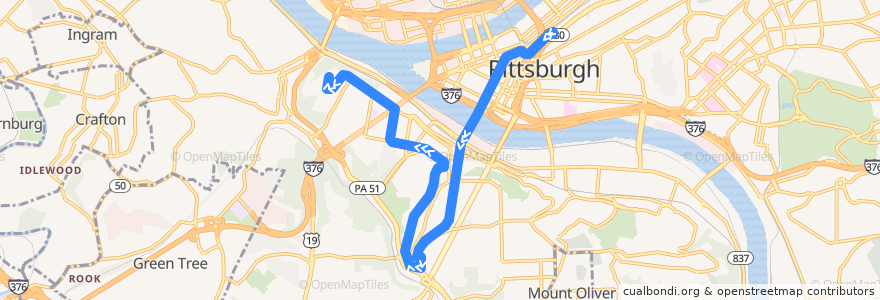 Mapa del recorrido PAT 40 Mount Washington (outbound) de la línea  en Pittsburgh.
