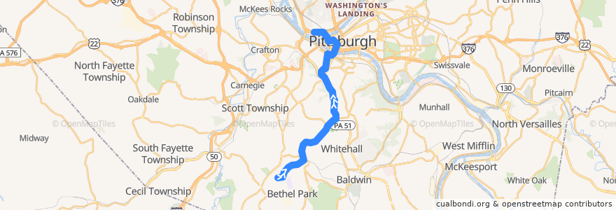 Mapa del recorrido PAT Blue Line: South Hills Village → Allegheny de la línea  en Allegheny County.