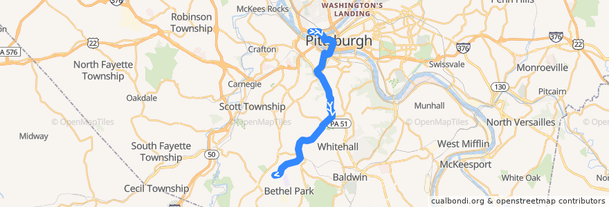 Mapa del recorrido PAT Blue Line: Allegheny → South Hills Village de la línea  en Allegheny County.