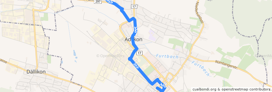 Mapa del recorrido Bus 453: Adlikon b. R., Sonnhalde West => Regensdorf-Watt, Bahnhof de la línea  en Regensdorf.