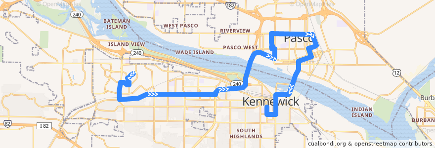 Mapa del recorrido Route 150 Eastbound de la línea  en Tri-Cities.