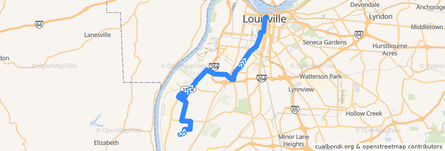 Mapa del recorrido 63 Crums Lane Northbound de la línea  en Louisville.