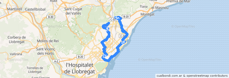 Mapa del recorrido N6 Santa Coloma (Oliveres) => Barcelona (Roquetes-Pl.Catalunya) de la línea  en Barcelonès.