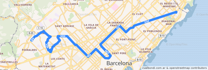 Mapa del recorrido N7 Pedralbes => Pl. Catalunya => Fòrum de la línea  en 巴塞罗那.