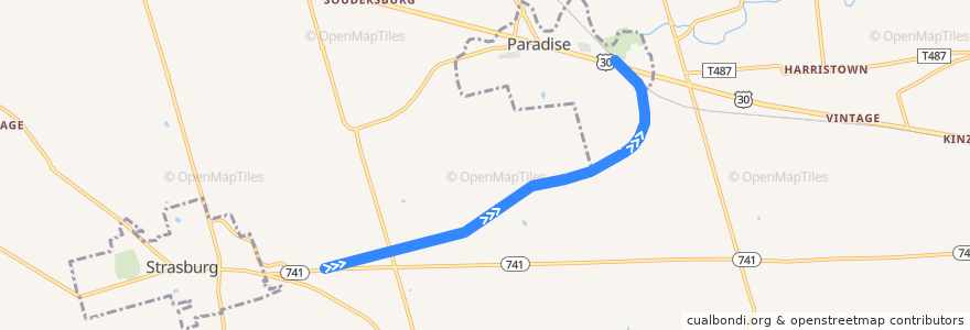 Mapa del recorrido Strasburg Railroad (Paradise) de la línea  en Lancaster County.