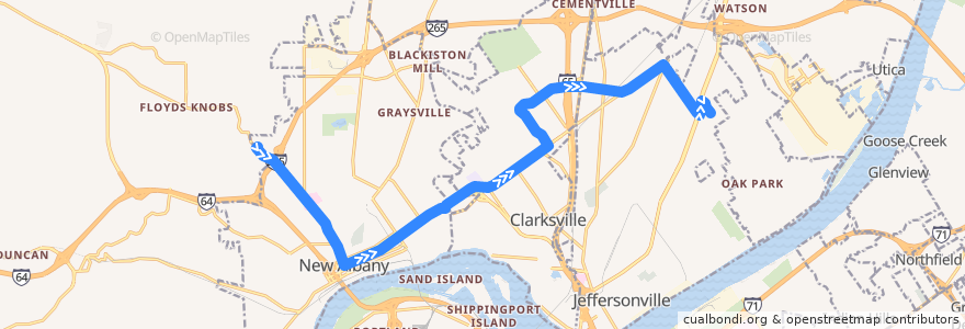 Mapa del recorrido 82 New Albany - Clarksville Crosstown Eastbound (regular) de la línea  en 印第安纳州.