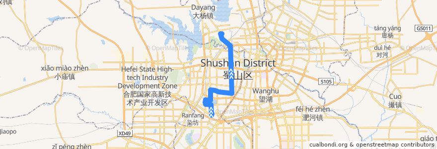 Mapa del recorrido 13路 de la línea  en 蜀山区 (Shushan).