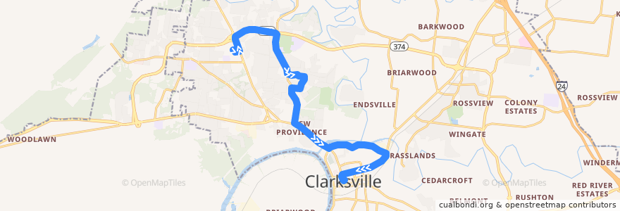 Mapa del recorrido Bus 4: Fort Campbell Walmart => Clarksville Transit Center de la línea  en Clarksville.