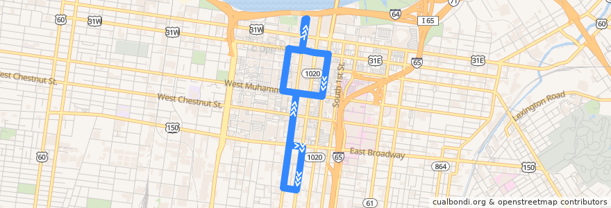 Mapa del recorrido 1 Fourth Street Circulator (ZeroBus) de la línea  en Louisville.