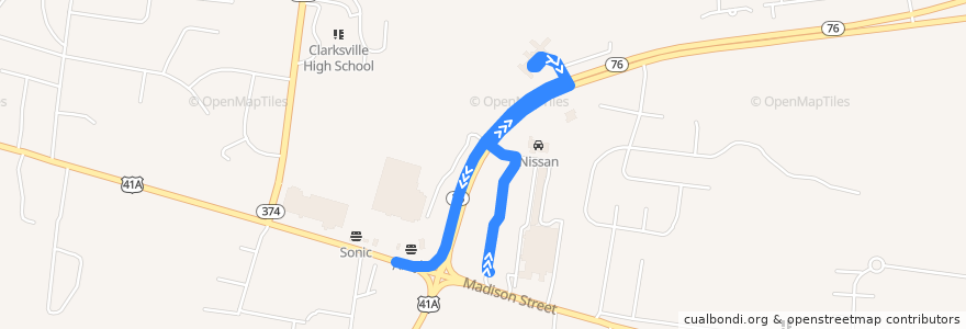 Mapa del recorrido Bus 5: Springs Meadows Healthcare Center Diversion de la línea  en Clarksville.
