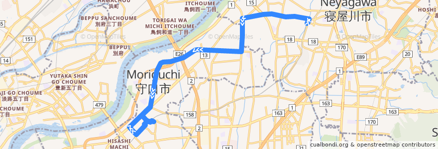 Mapa del recorrido 1:寝屋川市駅～仁和寺～八雲～京阪守口市駅 de la línea  en Osaka Prefecture.