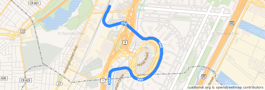 Mapa del recorrido AirTrain Newark South de la línea  en Newark.