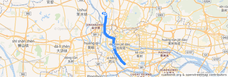 Mapa del recorrido 521路(凰岗总站-石溪总站) de la línea  en Guangzhou.