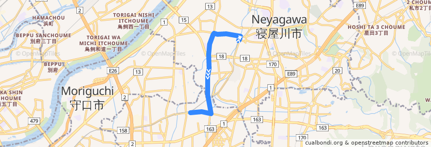 Mapa del recorrido 14：京阪大和田駅～高柳住宅前～寝屋川市駅 de la línea  en Neyagawa.