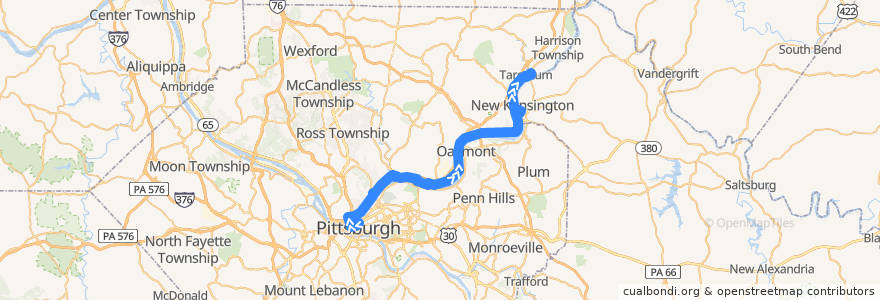 Mapa del recorrido PAT 1 Freeport Road (outbound) de la línea  en Allegheny County.