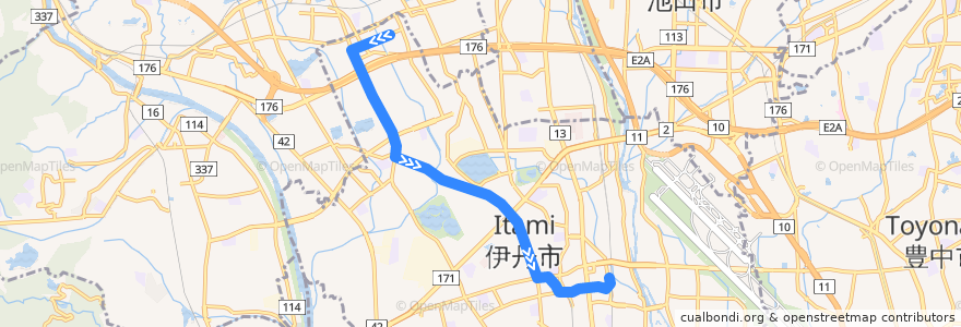 Mapa del recorrido 2：JR伊丹・阪急伊丹～大鹿口～南畑～荒牧バラ公園 de la línea  en 伊丹市.