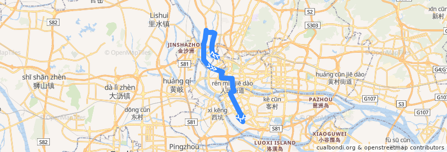 Mapa del recorrido 527路[西湾路(唐宁花园)总站-石溪总站] de la línea  en Cantón.