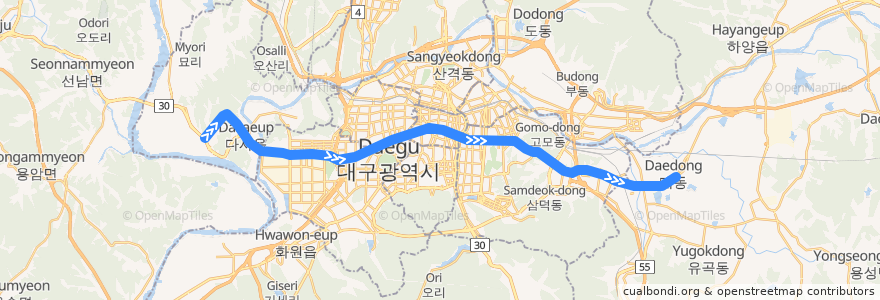 Mapa del recorrido 대구 도시철도 2호선 de la línea  en 대구광역시.