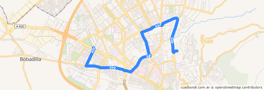 Mapa del recorrido Bus U1: Campus Aynadamar → Cartuja de la línea  en Granada.