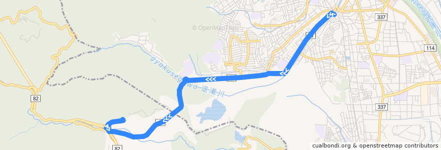 Mapa del recorrido 105：阪急逆瀬川～宝塚西高校前～かぶとやま荘 de la línea  en Prefectura de Hyōgo.